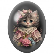 Cabochon en Verre Illustré Chaton Tigré en Robe Rose à Dentelle 13x18, 18x25 ou 30x40mm pour la Création de Bijoux Fantaisie - D