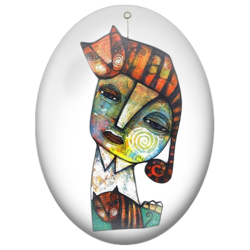 Cabochon en Verre Illustré Femme Abstraite au Chat Rayé 13x18, 18x25 ou 30x40mm