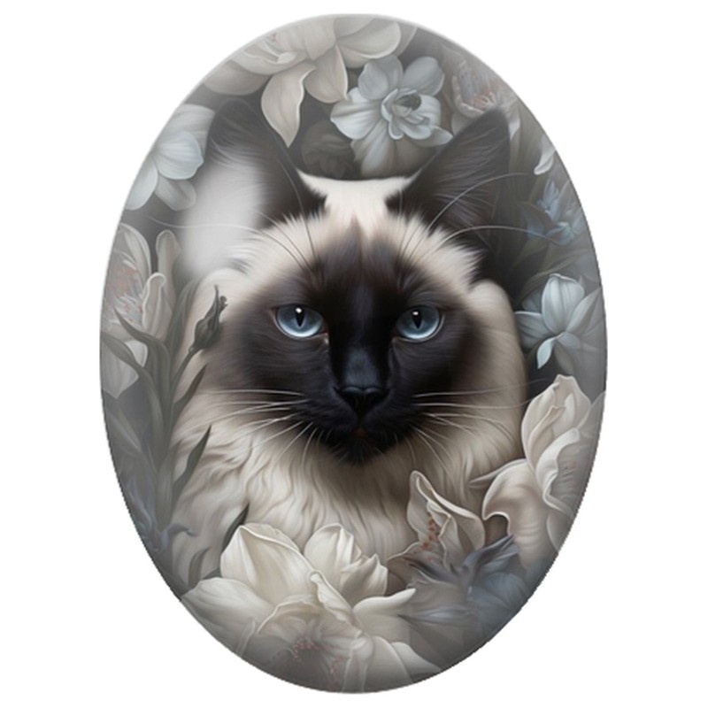Cabochon en Verre Illustré Chat Siamois parmi les Fleurs Blanches 13x18, 18x25 ou 30x40mm