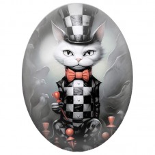 Cabochon en Verre Illustré Chat Blanc au Costume à Damier 13x18, 18x25 ou 30x40mm pour la Création de Bijoux Fantaisie - DIY