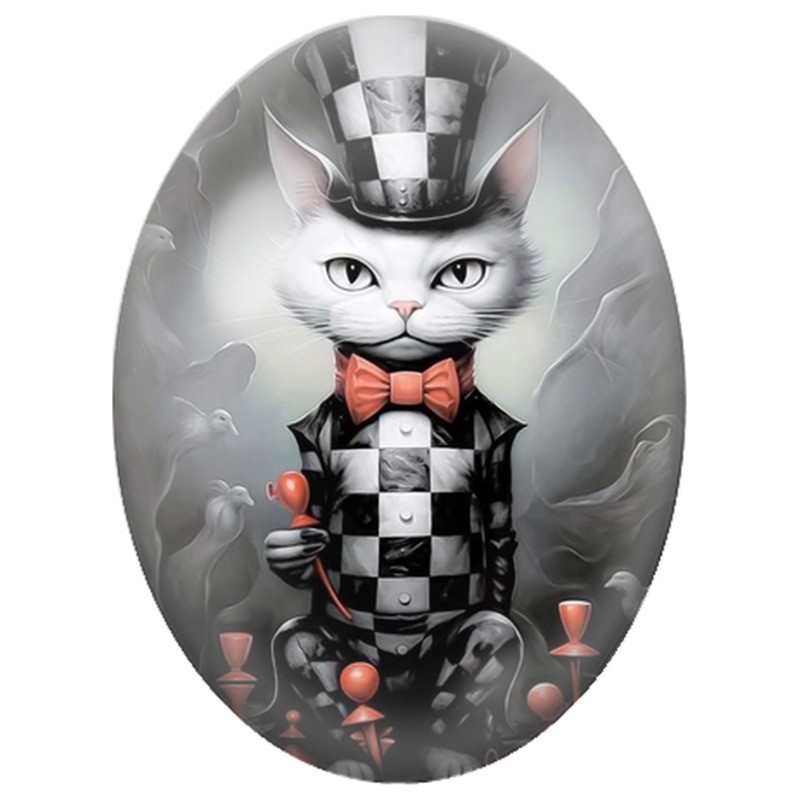 Cabochon en Verre Illustré Chat Blanc au Costume à Damier 13x18, 18x25 ou 30x40mm