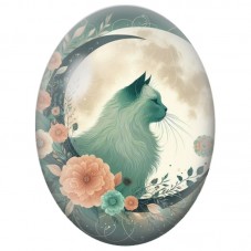 Cabochon en Verre Illustré Silhouette de Chat devant la Lune Fleurie 13x18, 18x25 ou 30x40mm pour la Création de Bijoux Fantaisi