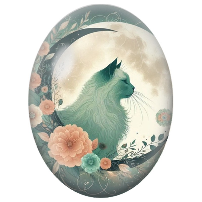 Cabochon en Verre Illustré Silhouette de Chat devant la Lune Fleurie 13x18, 18x25 ou 30x40mm