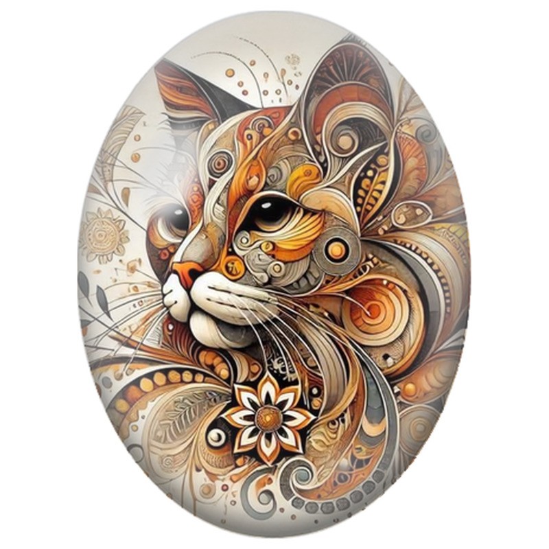 Cabochon en Verre Illustré Visage de Chat aux Arabesques Orange et Or 13x18, 18x25 ou 30x40mm