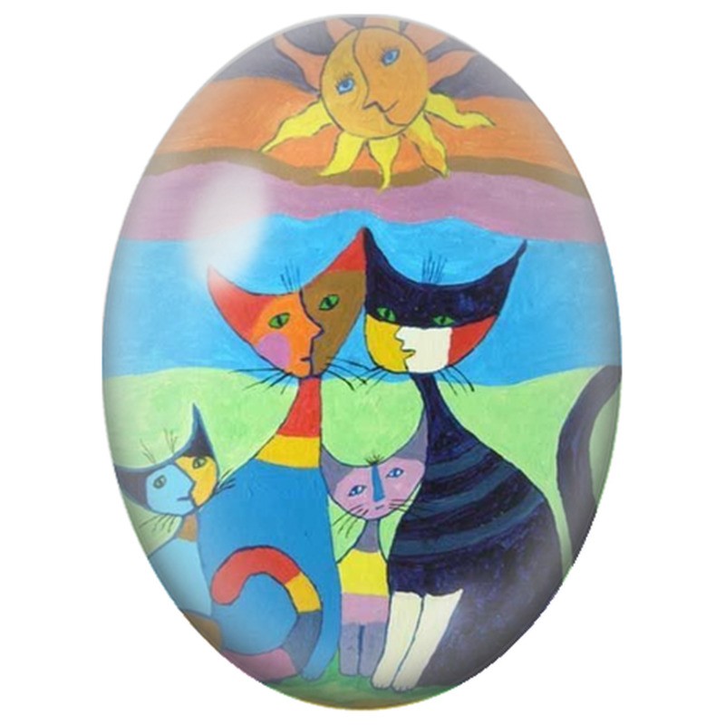 Cabochon en Verre Illustré Famille de Chats sous le Soleil 13x18, 18x25 ou 30x40mm