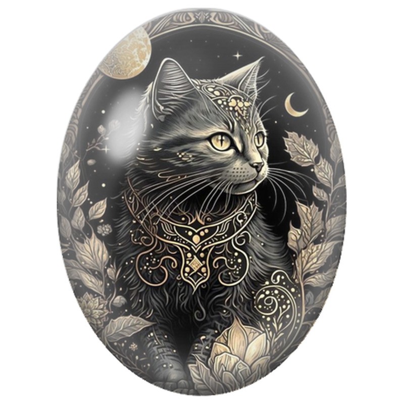 Cabochon en Verre Illustré Chat Mystique sous la Lune et les Étoiles 13x18, 18x25 ou 30x40mm