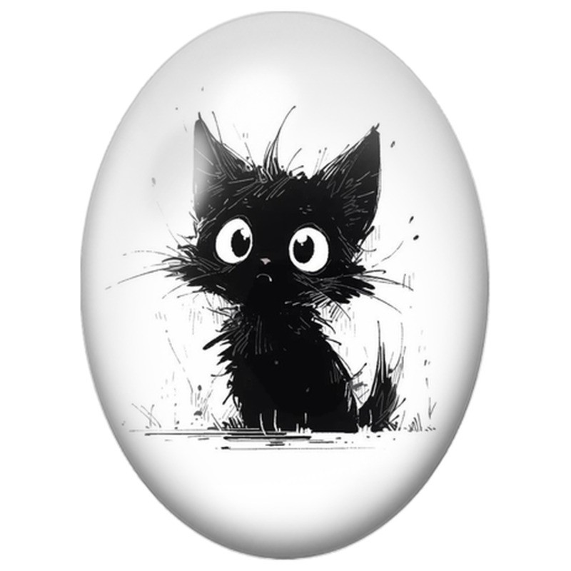 Cabochon en Verre Illustré Petit Chat Noir aux Grands Yeux 13x18, 18x25 ou 30x40mm