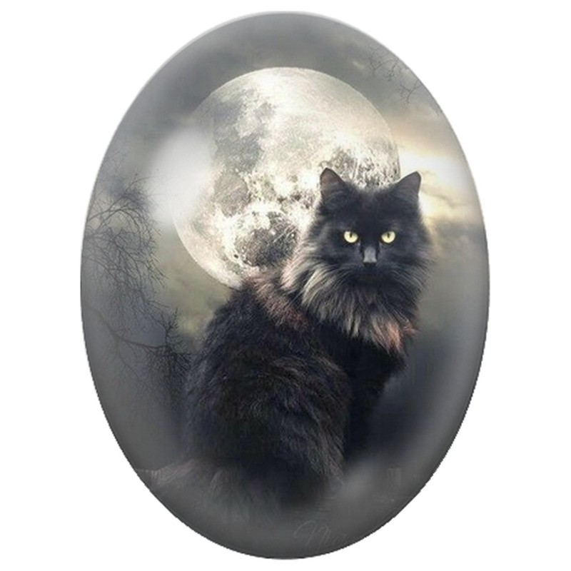Cabochon en Verre Illustré Chat Noir devant la Pleine Lune 13x18, 18x25 ou 30x40mm