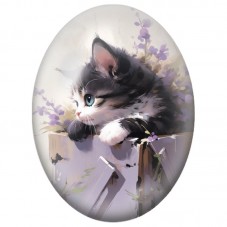 Cabochon en Verre Illustré Chaton Gris dans les Fleurs Violettes 13x18, 18x25 ou 30x40mm pour la Création de Bijoux Fantaisie - 
