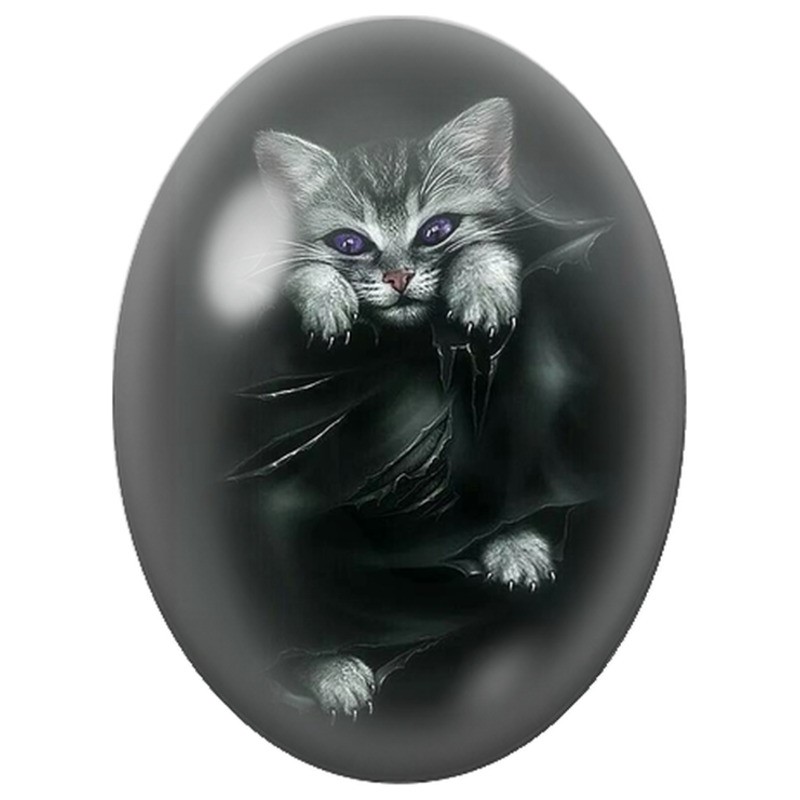 Cabochon en Verre Illustré Chat Vampire aux Ailes Noires 13x18, 18x25 ou 30x40mm