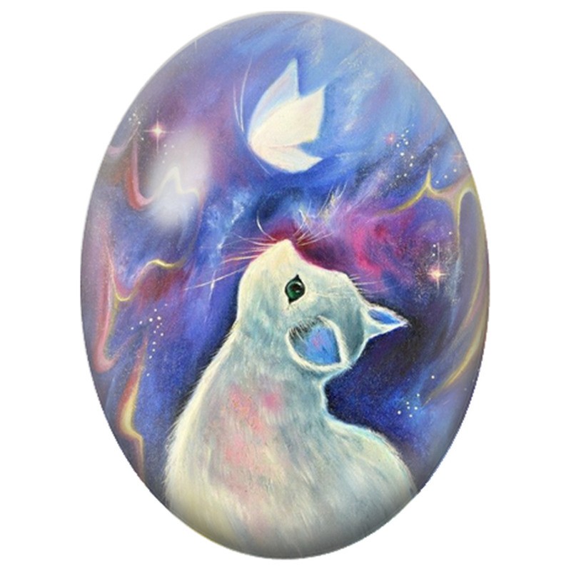 Cabochon en Verre Illustré Chat Blanc et Colombe dans un Ciel Étoilé 13x18, 18x25 ou 30x40mm