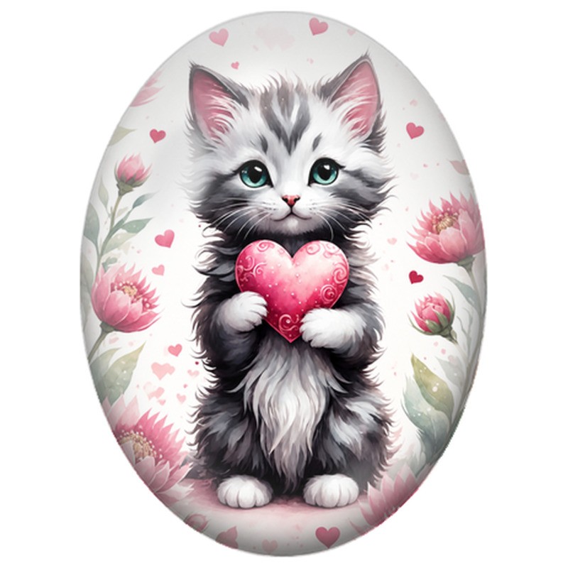 Cabochon en Verre Illustré Chaton Tigré au Cœur Rose 13x18, 18x25 ou 30x40mm