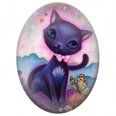 Cabochon en Verre Illustré Chat Violet au Nœud Rose et Papillon 13x18, 18x25 ou 30x40mm pour la Création de Bijoux Fantaisie - D