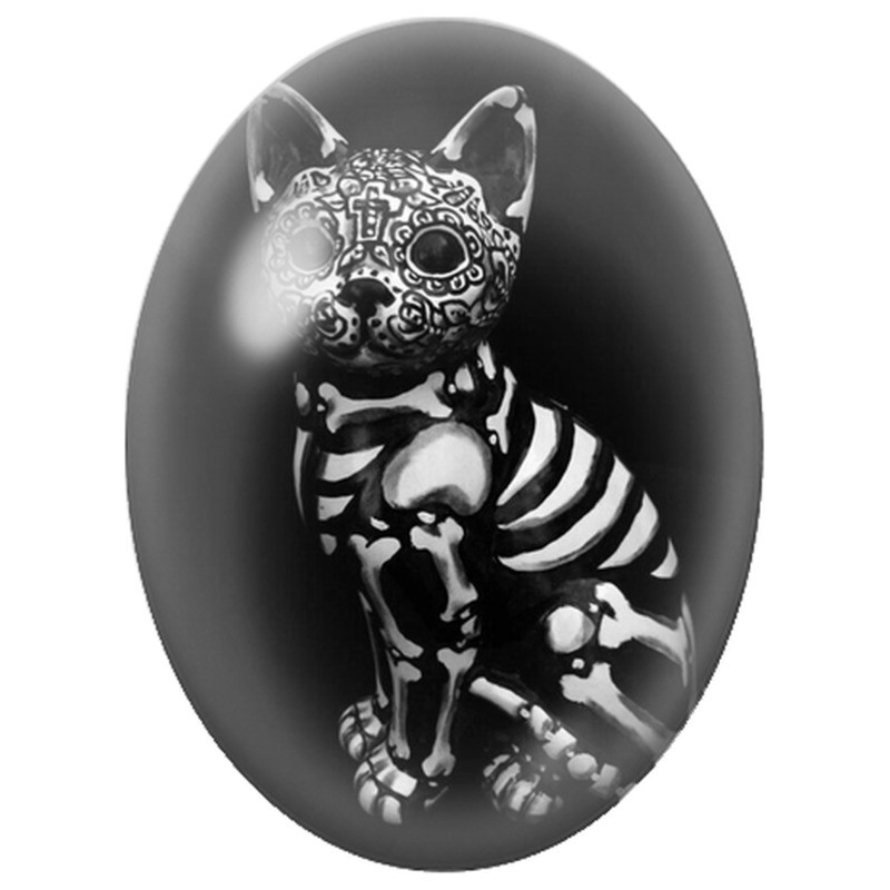Cabochon en Verre Illustré Chat Squelette aux Motifs Mexicains 13x18, 18x25 ou 30x40mm
