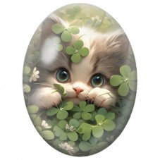 Cabochon en Verre Illustré Chaton dans un Champ de Trèfles 13x18, 18x25 ou 30x40mm pour la Création de Bijoux Fantaisie - DIY