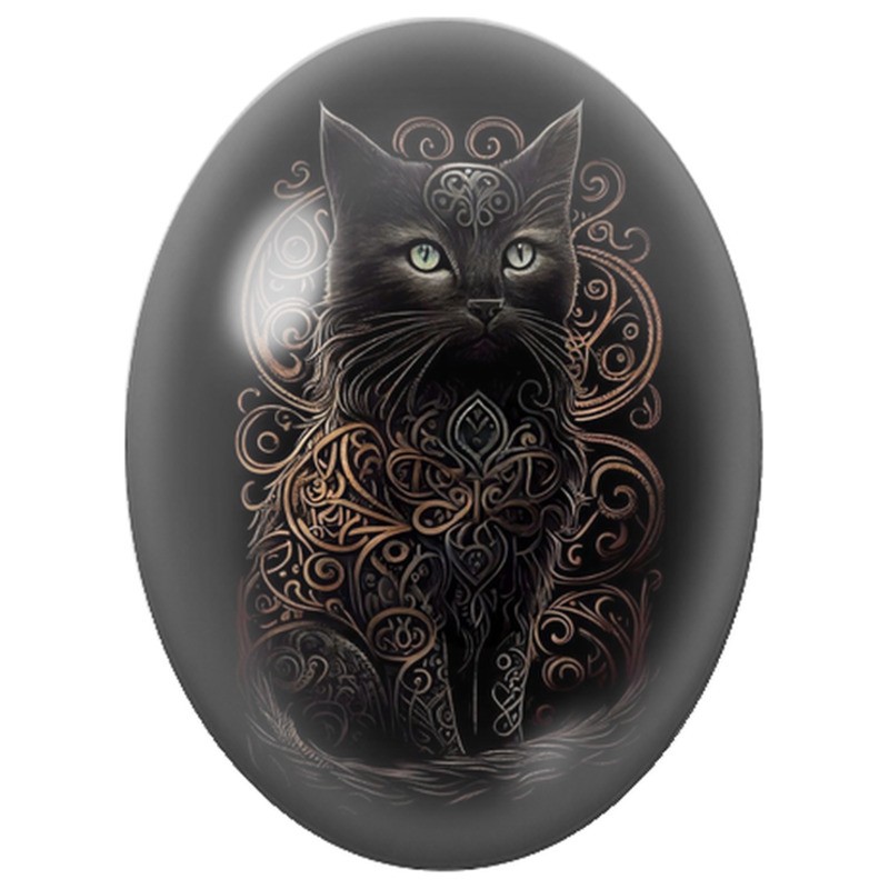 Cabochon en Verre Illustré Chat Noir aux Arabesques Cuivrées 13x18, 18x25 ou 30x40mm