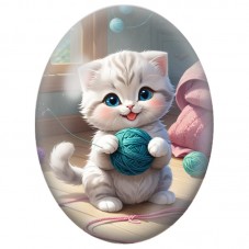 Cabochon en Verre Illustré Chaton Blanc avec une Pelote Turquoise 13x18, 18x25 ou 30x40mm pour la Création de Bijoux Fantaisie -