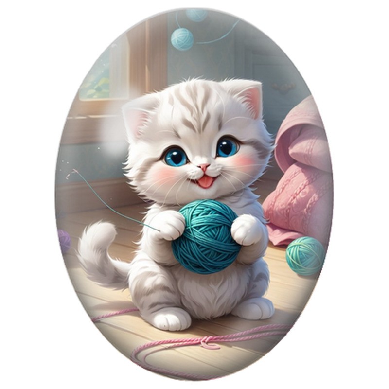 Cabochon en Verre Illustré Chaton Blanc avec une Pelote Turquoise 13x18, 18x25 ou 30x40mm