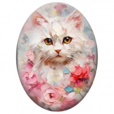 Cabochon en Verre Illustré Chat Blanc aux Roses Peintes 13x18, 18x25 ou 30x40mm pour la Création de Bijoux Fantaisie - DIY