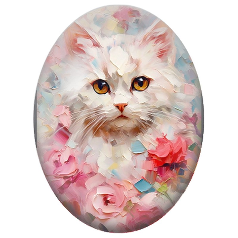 Cabochon en Verre Illustré Chat Blanc aux Roses Peintes 13x18, 18x25 ou 30x40mm