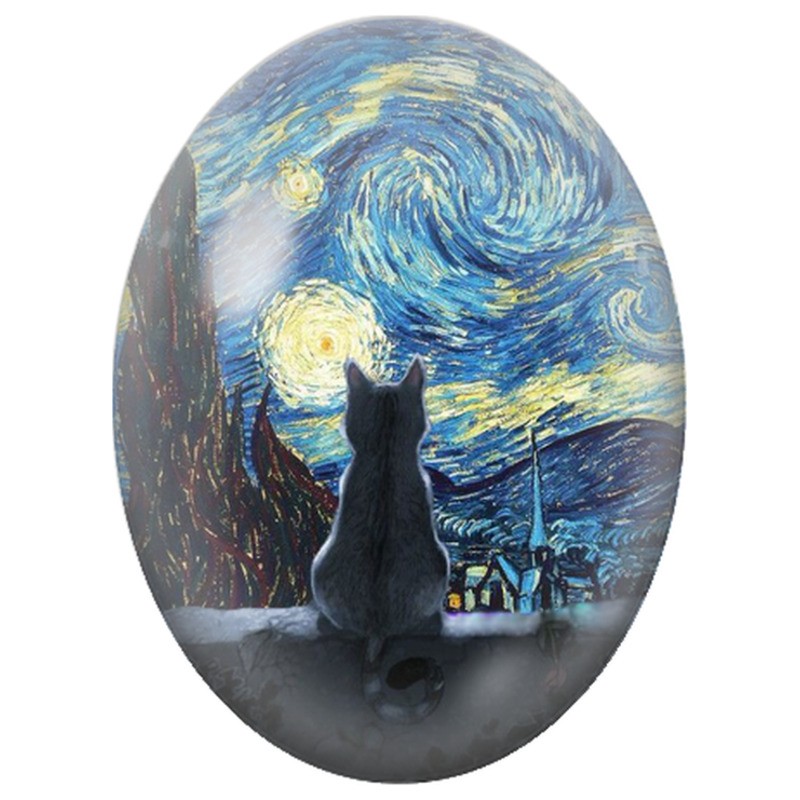 Cabochon en Verre Illustré Chat devant la Nuit Étoilée 13x18, 18x25 ou 30x40mm