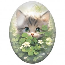 Cabochon en Verre Illustré Chaton dans un Tapis de Trèfles 13x18, 18x25 ou 30x40mm pour la Création de Bijoux Fantaisie - DIY