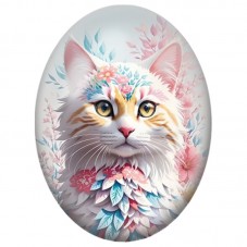 Cabochon en Verre Illustré Chat Blanc aux Feuillages Roses et Bleus 13x18, 18x25 ou 30x40mm pour la Création de Bijoux Fantaisie