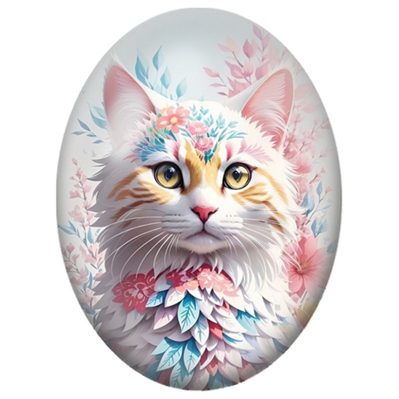 Cabochon en Verre Illustré Chat Blanc aux Feuillages Roses et Bleus 13x18, 18x25 ou 30x40mm