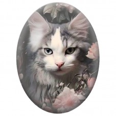 Cabochon en Verre Illustré Chat Gris et Blanc parmi les Fleurs Roses 13x18, 18x25 ou 30x40mm pour la Création de Bijoux Fantaisi