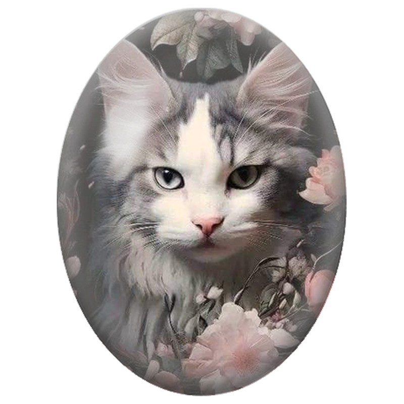 Cabochon en Verre Illustré Chat Gris et Blanc parmi les Fleurs Roses 13x18, 18x25 ou 30x40mm