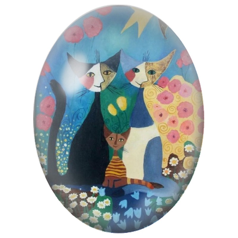 Cabochon en Verre Illustré Famille de Chats dans un Jardin Naïf 13x18, 18x25 ou 30x40mm