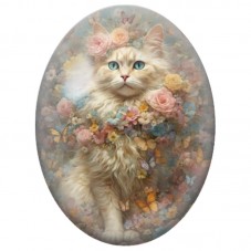 Cabochon en Verre Illustré Chat Crème parmi les Fleurs et Papillons 13x18, 18x25 ou 30x40mm pour la Création de Bijoux Fantaisie