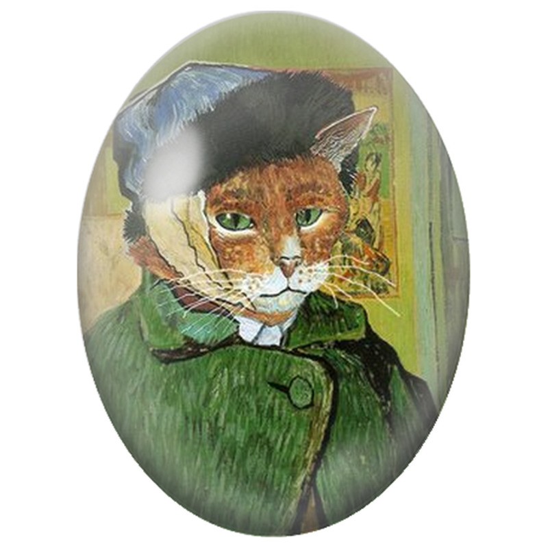 Cabochon en Verre Illustré Chat au Béret Noir et Manteau Vert 13x18, 18x25 ou 30x40mm