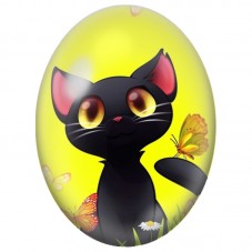 Cabochon en Verre Illustré Chat Noir aux Papillons sur Fond Jaune 13x18, 18x25 ou 30x40mm pour la Création de Bijoux Fantaisie -