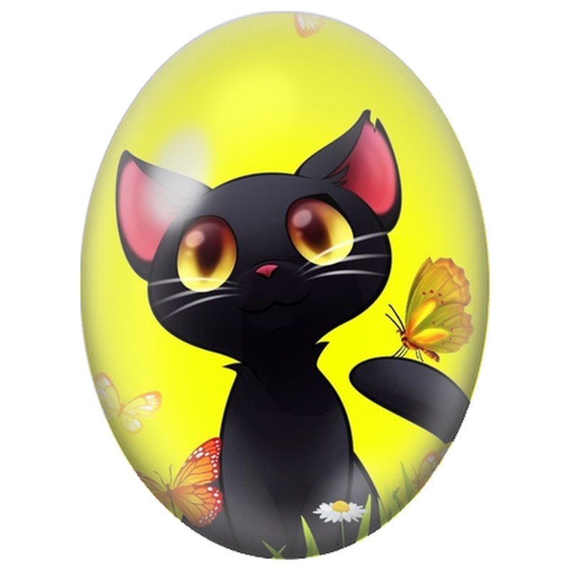 Cabochon en Verre Illustré Chat Noir aux Papillons sur Fond Jaune 13x18, 18x25 ou 30x40mm