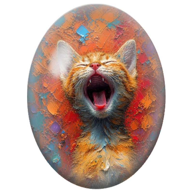 Cabochon en Verre Illustré Chat Roux Bâillant sur Fond Orange 13x18, 18x25 ou 30x40mm