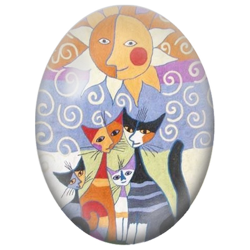 Cabochon en Verre Illustré Famille de Chats sous un Soleil à Spirales 13x18, 18x25 ou 30x40mm