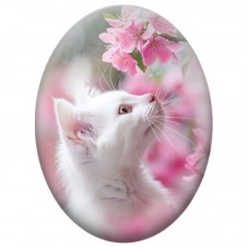 Cabochon en Verre Illustré Chat Blanc sous les Fleurs Roses 13x18, 18x25 ou 30x40mm pour la Création de Bijoux Fantaisie - DIY