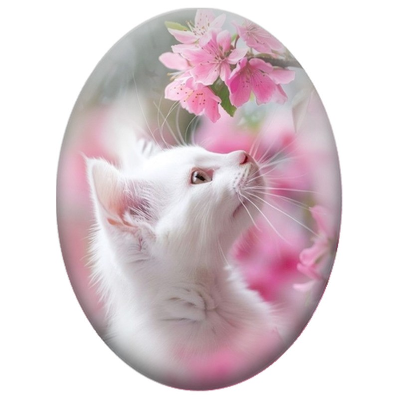 Cabochon en Verre Illustré Chat Blanc sous les Fleurs Roses 13x18, 18x25 ou 30x40mm