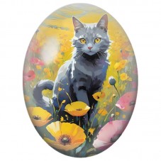Cabochon en Verre Illustré Chat Gris dans un Champ de Coquelicots 13x18, 18x25 ou 30x40mm pour la Création de Bijoux Fantaisie -