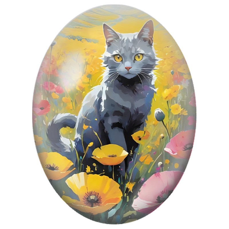 Cabochon en Verre Illustré Chat Gris dans un Champ de Coquelicots 13x18, 18x25 ou 30x40mm