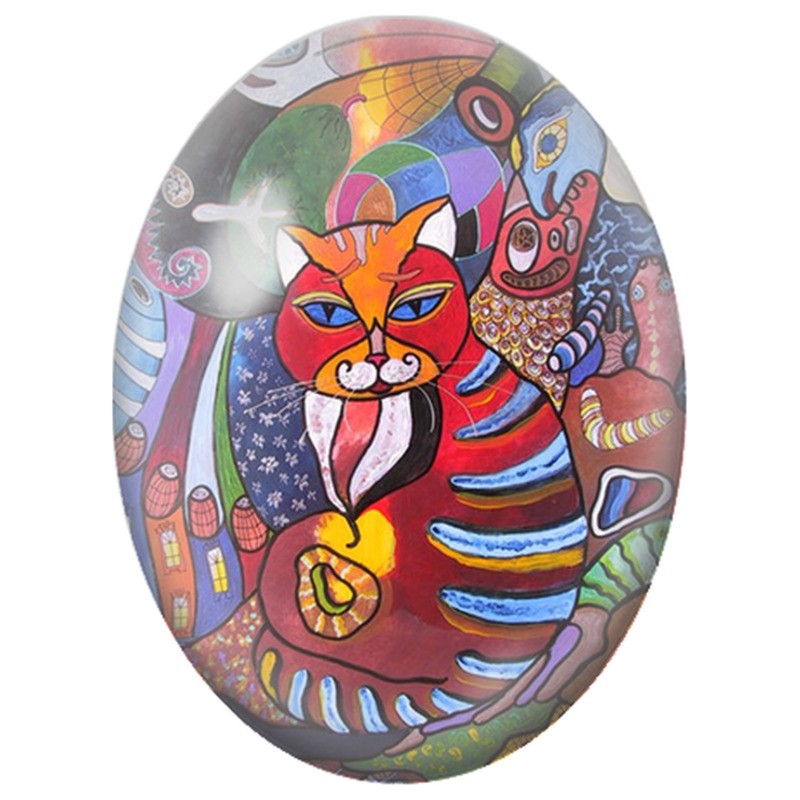 Cabochon en Verre Illustré Chat Abstrait Rouge et Multicolore 13x18, 18x25 ou 30x40mm