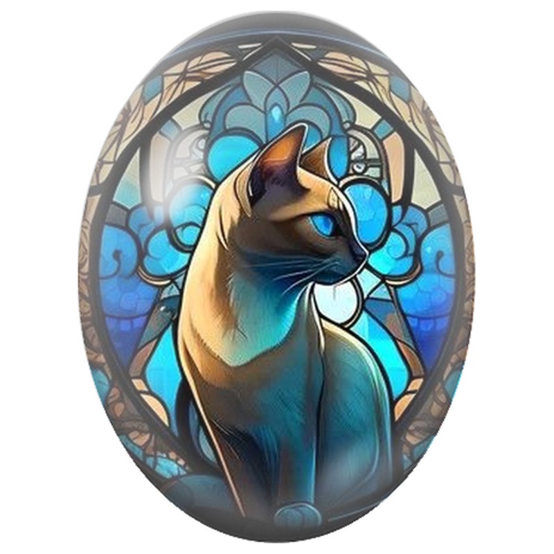 Cabochon en Verre Illustré Chat Siamois devant un Vitrail Bleu 13x18, 18x25 ou 30x40mm