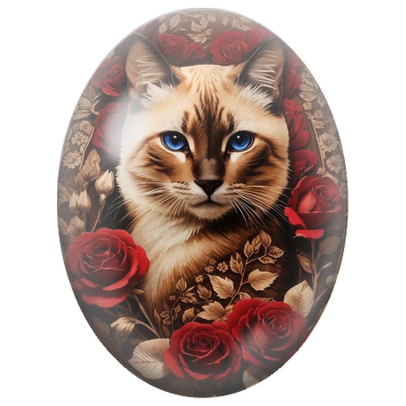 Cabochon en Verre Illustré Chat Siamois parmi les Roses Rouges 13x18, 18x25 ou 30x40mm
