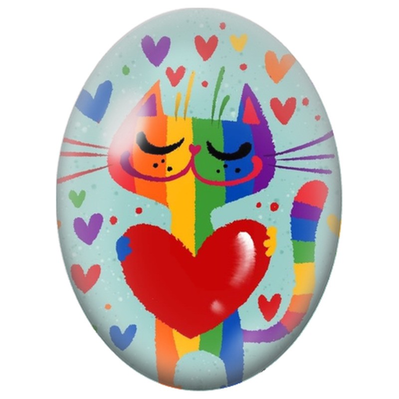 Cabochon en Verre Illustré Chat Arc-en-Ciel au Grand Cœur Rouge 13x18, 18x25 ou 30x40mm