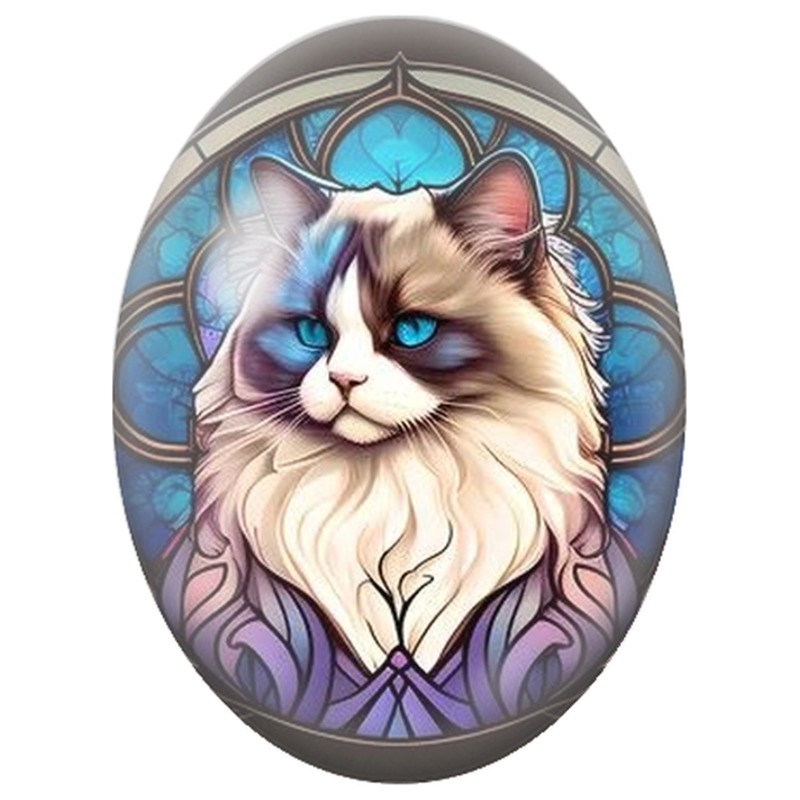 Cabochon en Verre Illustré Chat Siamois dans un Médaillon de Vitrail Bleu 13x18, 18x25 ou 30x40mm