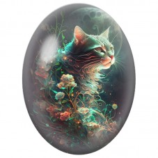 Cabochon en Verre Illustré Chat Mystique Fleuri sous la Lune 13x18, 18x25 ou 30x40mm pour la Création de Bijoux Fantaisie - DIY