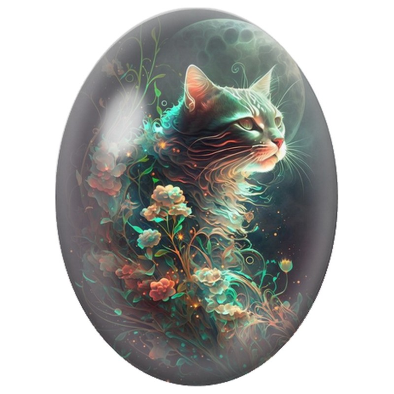 Cabochon en Verre Illustré Chat Mystique Fleuri sous la Lune 13x18, 18x25 ou 30x40mm