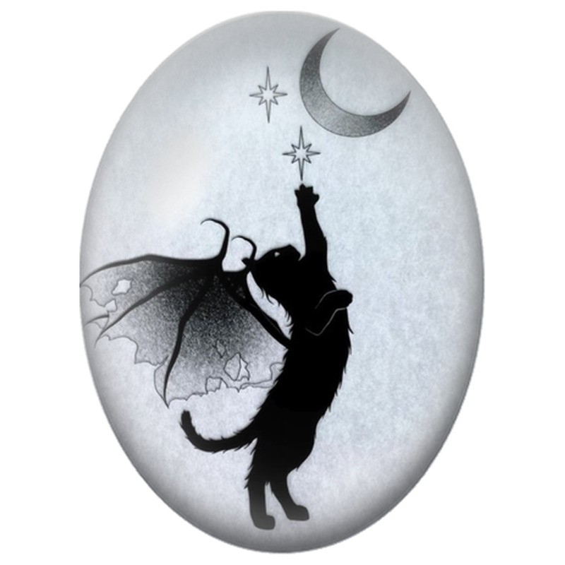 Cabochon en Verre Illustré Chat Ailé attrapant une Étoile 13x18, 18x25 ou 30x40mm