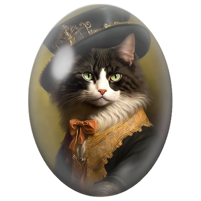 Cabochon en Verre Illustré Chat en Haut-de-Forme et Habit Doré 13x18, 18x25 ou 30x40mm